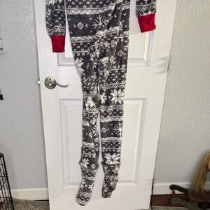Family Pajamas Gray and White Fair Isle One-Piece Pajama with Red Cuffs